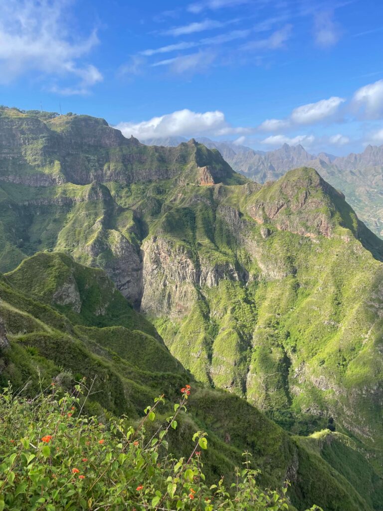Solo female traveler hiking through the green mountains of Madeira surrounded by nature