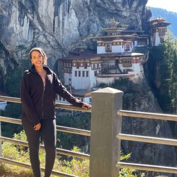 Solo female adventurer trekking in Bhutan’s Himalayas