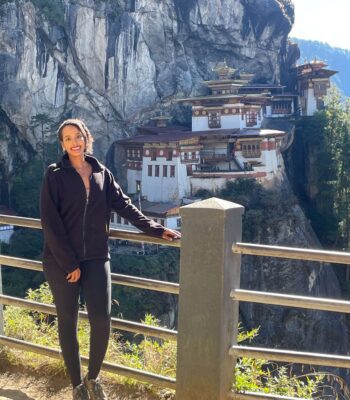 Solo female adventurer trekking in Bhutan’s Himalayas