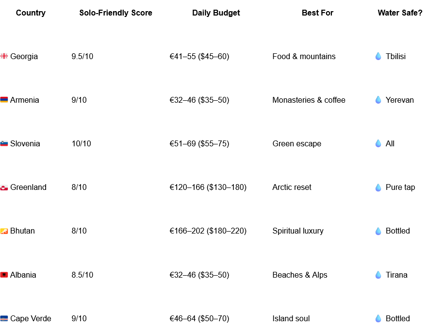 Table showing 7 alternative countries to Bali for solo female travel on a solo female blog