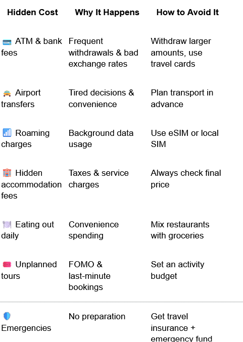 Quick overview table showing hidden travel costs and practical tips on how to avoid extra expenses while traveling