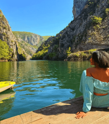 Woman hiking alone in the mountains of North Macedonia