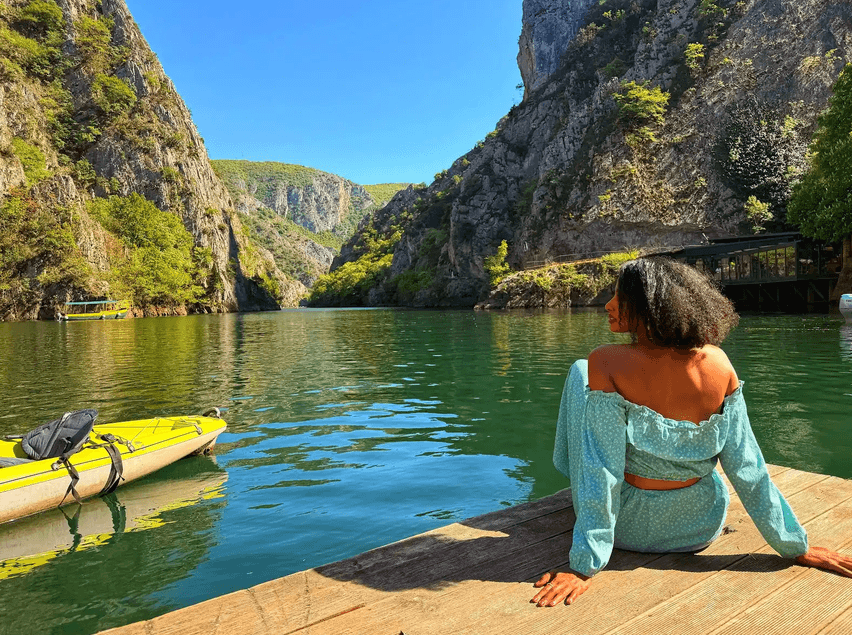 Woman hiking alone in the mountains of North Macedonia
