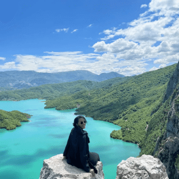 Beautiful mountain landscape in northern Albania during a solo hiking trip of a woman.