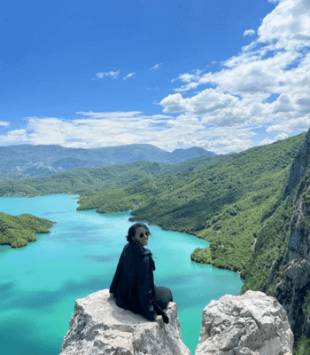 Beautiful mountain landscape in northern Albania during a solo hiking trip of a woman.