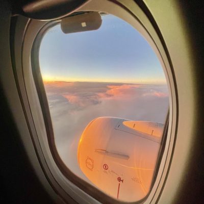 Beautiful sunrise seen from a window during travel