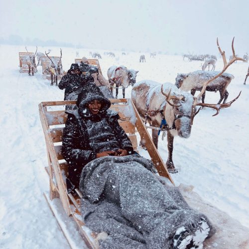 Solo female traveler in Tromsø enjoying a reindeer sledding experience in the Arctic